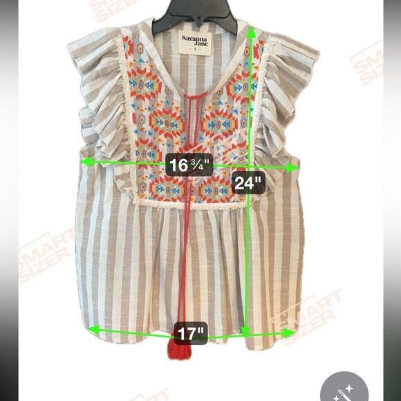 Savanna Jane Sz S Beige Red Tassle Tie Striped Embroidered Boho Blouse - Picture 5 of 8